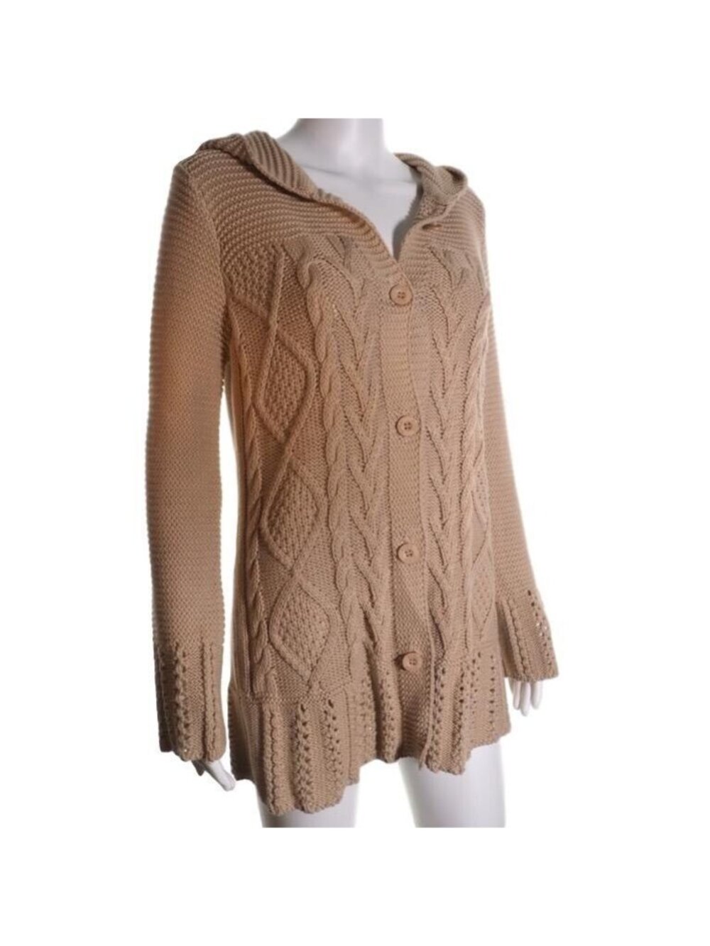 BCBG Fisherman Cardigan Size M 10 12 Tan Tunic Hood Cable Button Natural